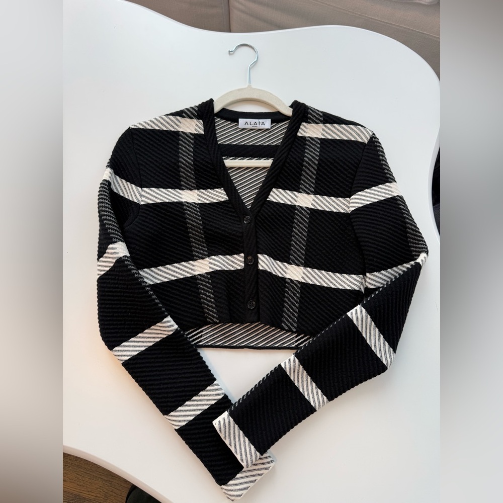 Alaia Black and White Tartan Pattern Cardigan